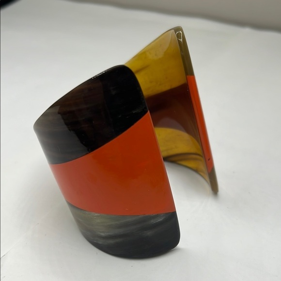 Brown Horn Plastic Orange Stripe Modern Geometric Cuff Bracelet - Picture 1 of 12